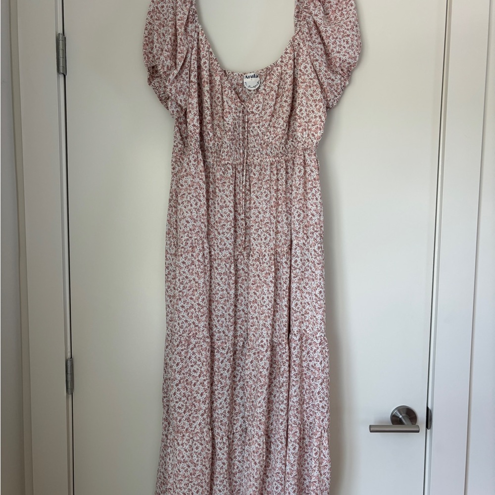 ARULA Pink and White Casual Puff Sleeve Maxi Dress